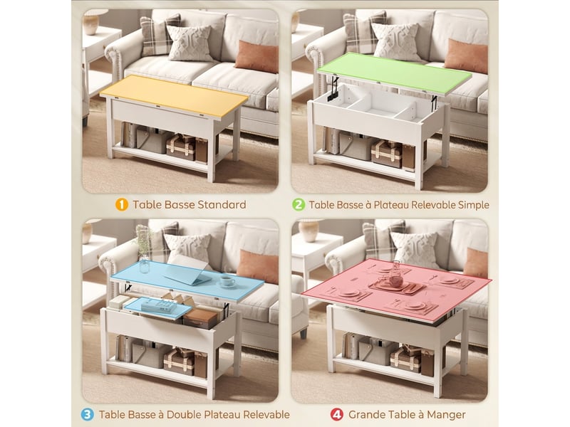  Table basse relevable et extensible table de salon avec compartiment caché étagère ouverte 100x45x50,5cm blanc  - Conforama D