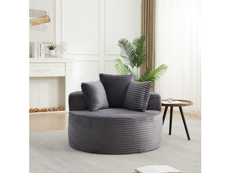  Fauteuil lounge rond 1 place ø110 cm en velours côtelé gris avec 3 coussins  - Conforama D