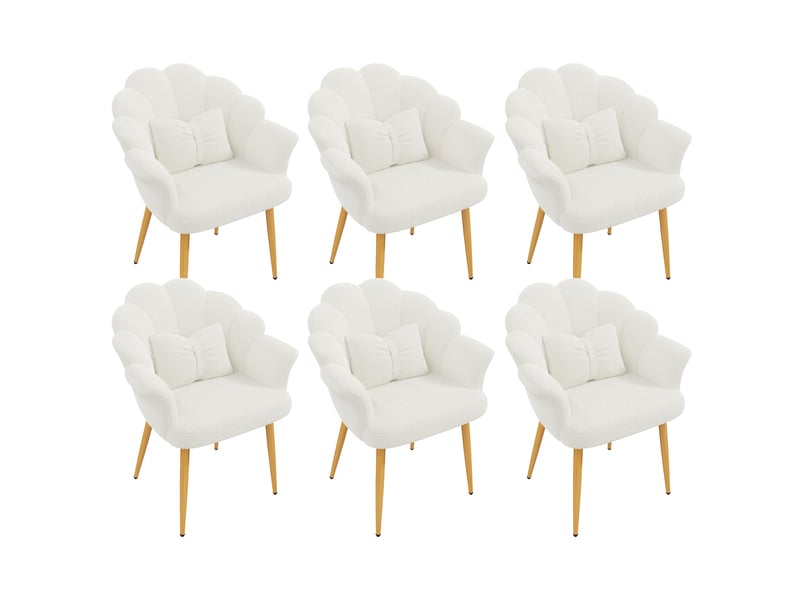  Lot de 6 fauteuils de salle à manger avec dossier pétale, accoudoirs, coussin nœud et pieds en métal doré, tissu bouclette teddy, blanc evarich - Conforama A