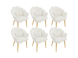 Lot de 6 fauteuils de salle à manger avec dossier pétale, accoudoirs, coussin nœud et pieds en métal doré, tissu bouclette teddy, blanc