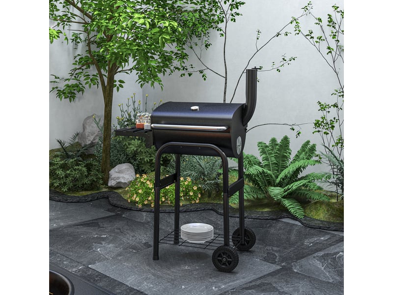  Barbecue au charbon de bois chariot de bbq, avec étagères, roulettes, couvercle, thermomètre, cheminée, en métal noir  - Conforama D