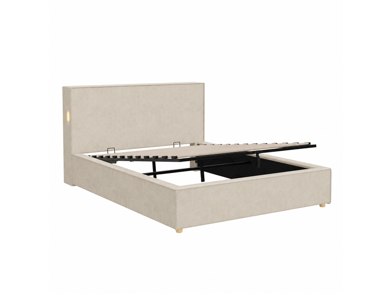  Lit coffre enfant capitonné en tissu chenille beige 120x200 cm, sommier hydraulique  - Conforama E