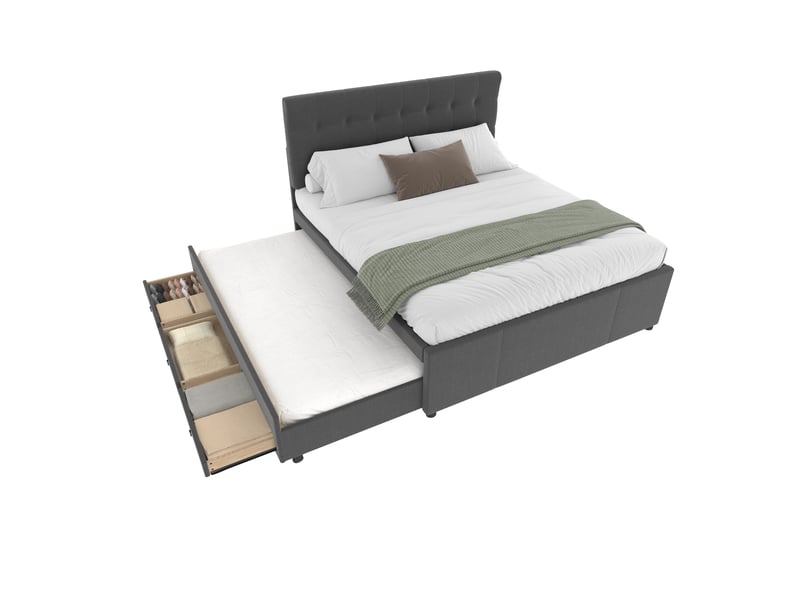  Lit simple 140x200cm, lit enfant avec trois tiroirs de rangement, lit extensible à roulettes, tête de lit réglable en hauteur, gris  - Conforama R