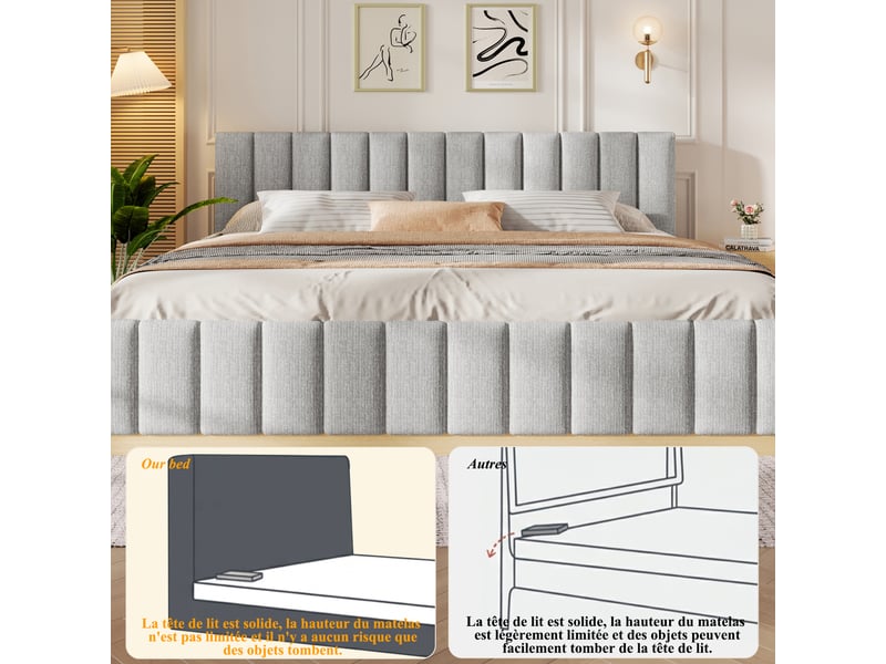  Lit plateforme 180x200 cm gris, tissu chenille, tête de lit rembourrée, sommier à lattes inclus, structure anti-glissement  - Conforama E