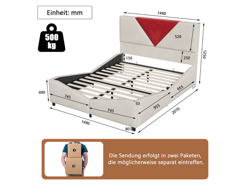  Lit coffre 140x190cm - lit double 140x190 - rembourré velours avec led rgb sous lit &amp; tête bicolore rouge - blanc cassé  - Conforama E