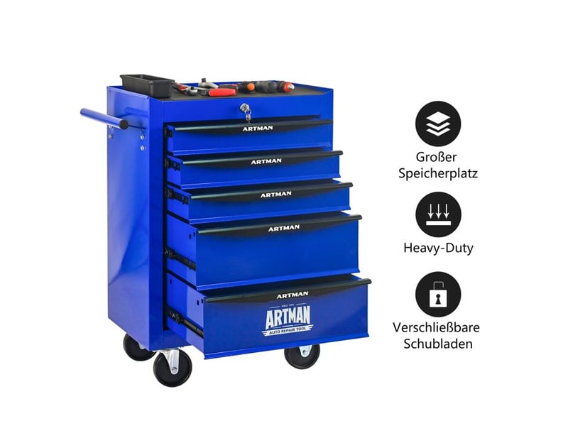 Chariot à outils à 5 tiroirs - noir & bleu - acier - 22.1 kg - roues pivotantes avec freins 52.4x33x65.6cm - Conforama C