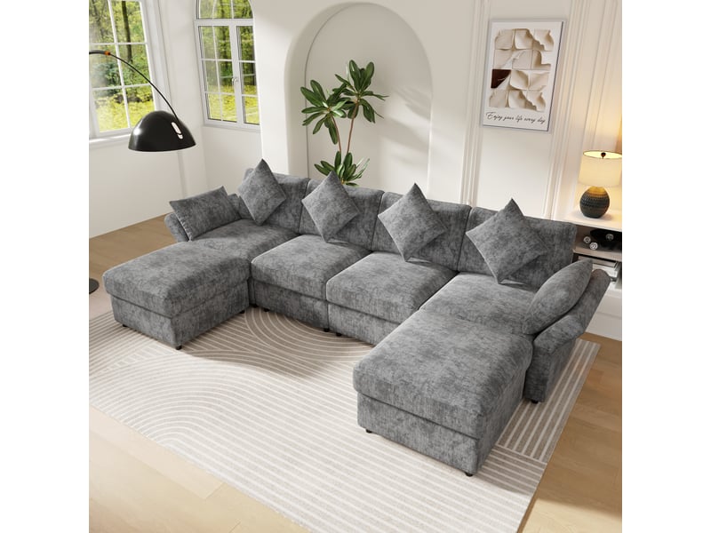 Canapé d'angle modulable ul 4-6 places 284x156,5x86 cm, style nuage, 2 poufs, accoudoirs réglables, 6 coussins, chenille gris - Conforama D