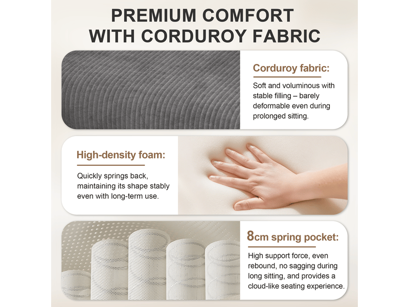  Canapé d'angle convertible 6 places en velours côtelé gris, avec pouf à rangement, 282×153×85 cm, mousse haute densité  - Conforama E
