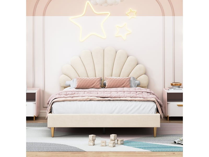 Lit enfant 140x200 cm avec tête de lit fleur et sommier à lattes, lit 2 places, tissu velours, beige, sans matelas - Conforama B