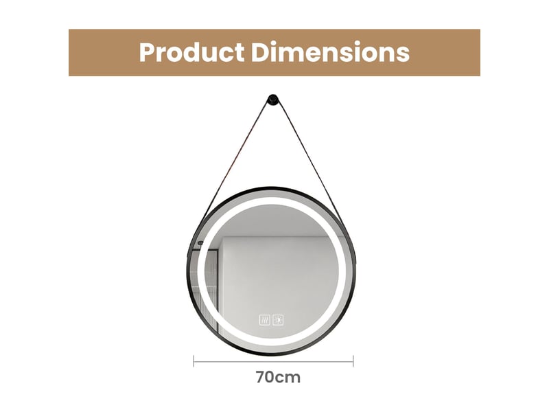  Miroir de salle de bain led 70 cm rond avec sangle noire anneau lumineux intégré verre sécurit tactile anti-buée blanc  - Conforama C