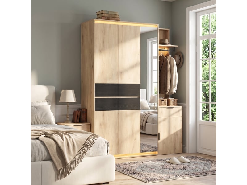  Ensemble vestiaire d’entrée 155 x 47 x 200 cm, miroir, éclairage led, 3 tringles à vêtements, 5 tiroirs, anthracitechêne Bliss Lite - Conforama D