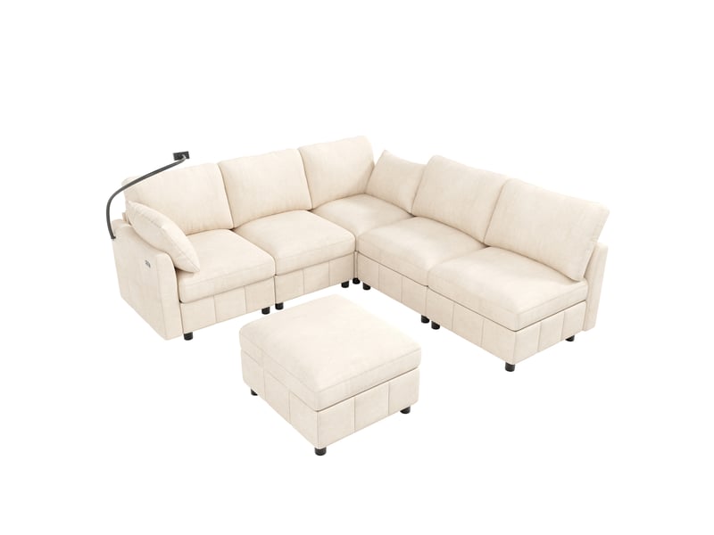  Canapé d’angle modulable 6 places 218x157x85 cm en chenille beige  - Conforama A