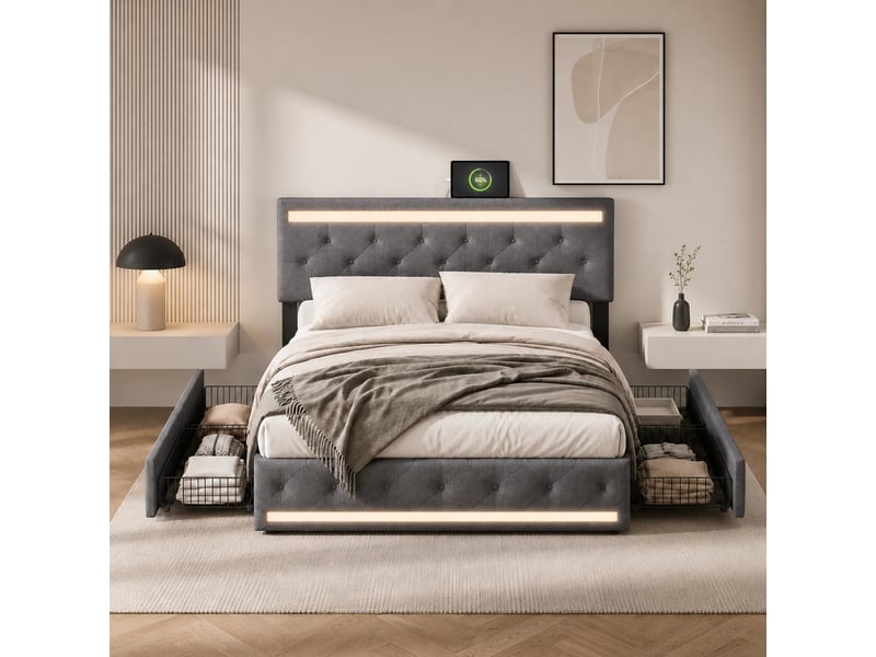 Lit adulte 180x200 cm avec 4 tiroirs, king size, led rgb, lit double capitonné avec tête de lit réglable, en lin, gris - Conforama D
