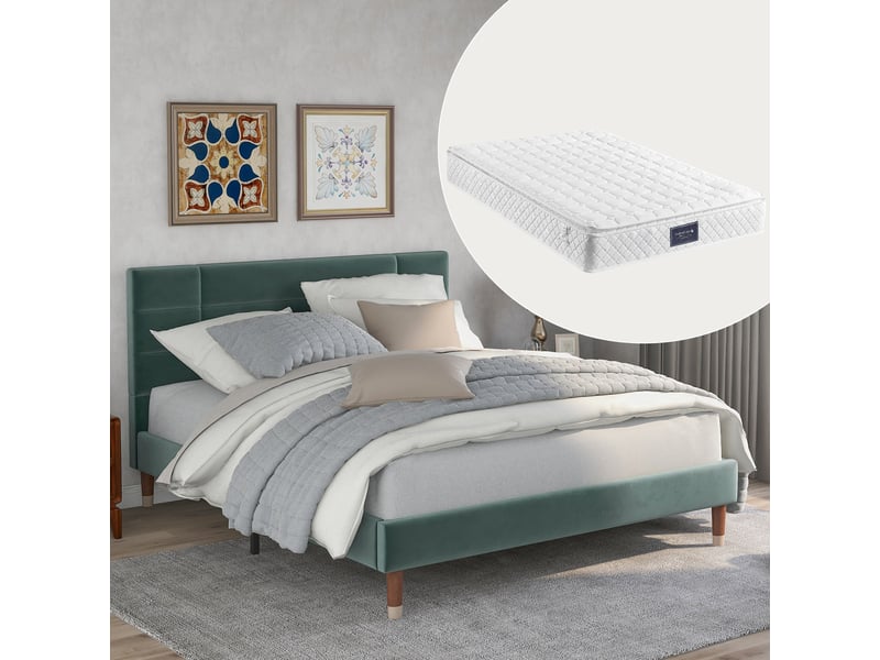  Lit 140x200 cm capitonné en velours vert – tête de lit, sommier à lattes et matelas à ressorts inclus  - Conforama B