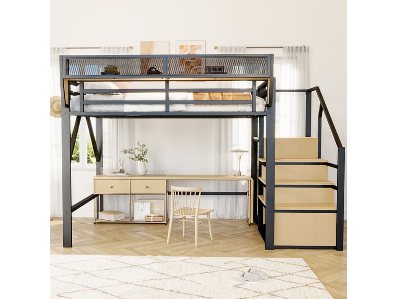  Lit mezzanine tcqpz 140 x 200 cm avec échelle de sécurité et étagère de rangement flexible en métal noir  - Conforama D