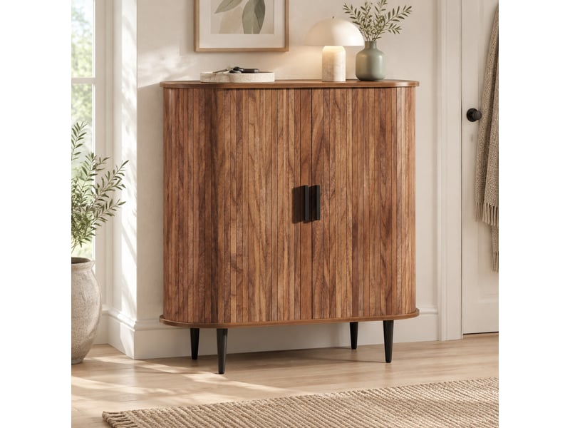  Buffet avec 2 portes coulissantes à rideau, étagères réglables et 4 crochets pour entrée en mdf 85×43×90 cm naturel  - Conforama B