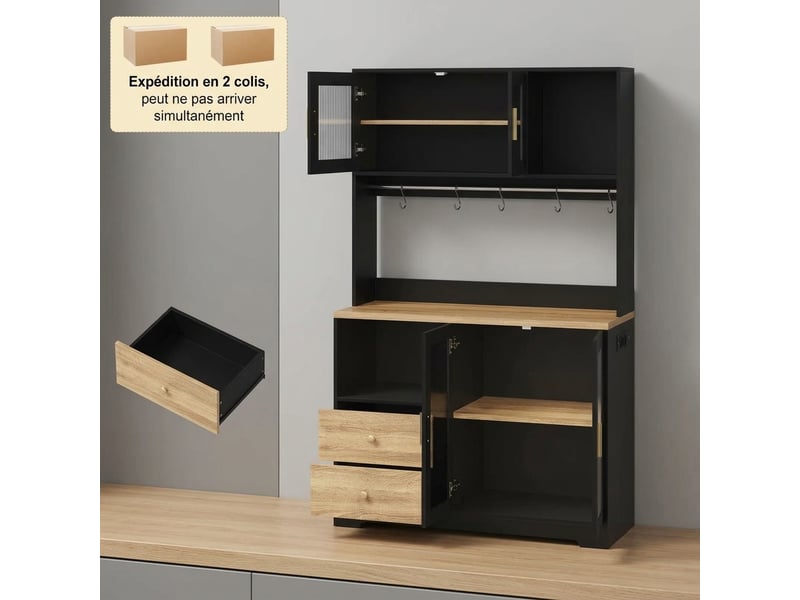  Buffet de cuisine haut noir en mdf 178 cm avec éclairage led et prise  - Conforama C