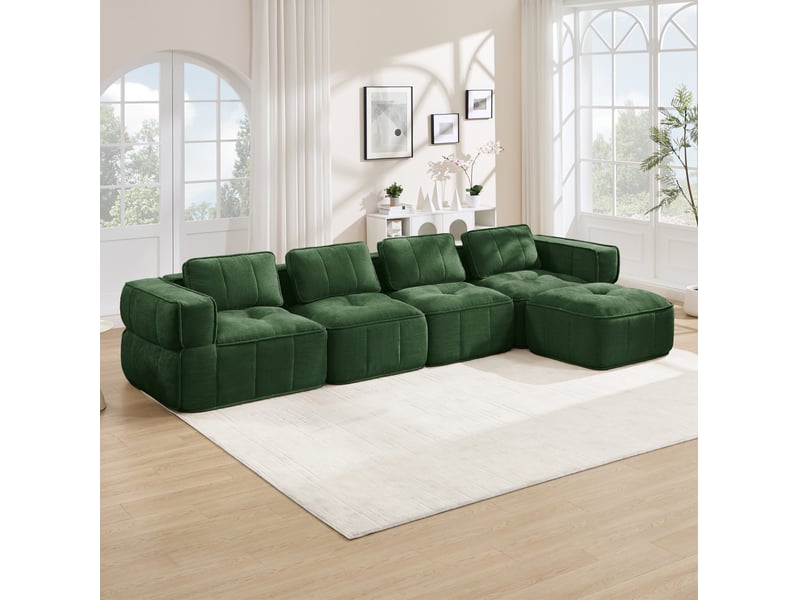 Canapé d'angle modulable sans cadre 4 places avec pouf en polyester vert - Conforama B