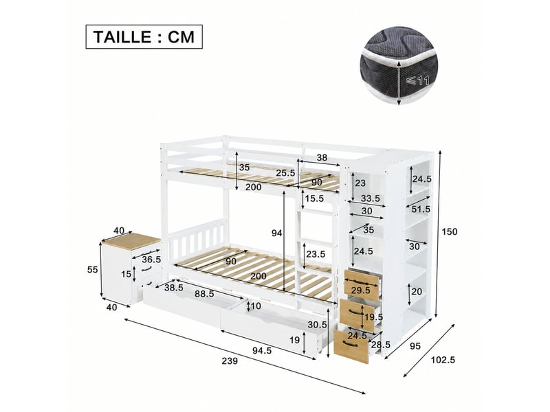  Lit superposé en bois 2 places avec 2 tiroirs, étagères et chevet séparé, 90x200 cm, sans matelas, blanc et naturel  - Conforama D