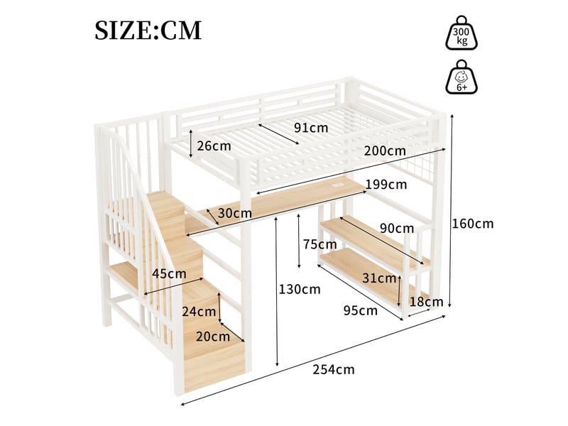 Lit mezzanine enfant 90 x 200 cm avec bureau intégré, rangements, structure en métal et mdf, led réglable par application - Conforama C