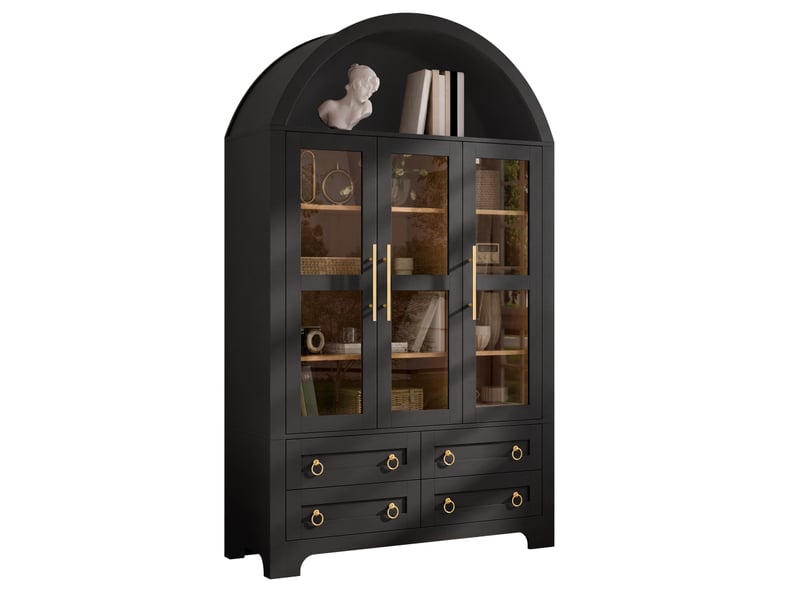  Buffet avec sommet arqué, 3 portes vitrées et 4 tiroirs, étagères réglables, poignées métalliques, 110x40x185cm  - Conforama A