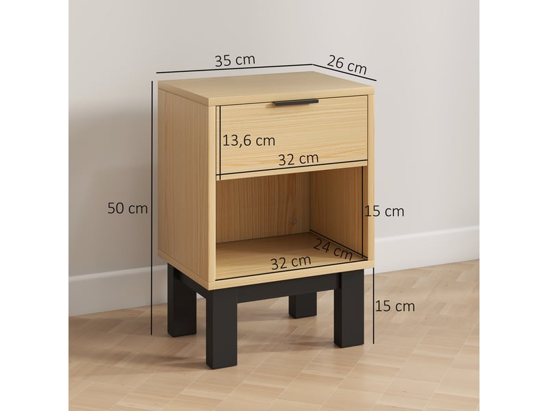  Ensemble de 2 tables de chevet étroites, style moderne, avec tiroir et étagère ouverte, 35 x 26 x 50 cm, chêne  - Conforama E