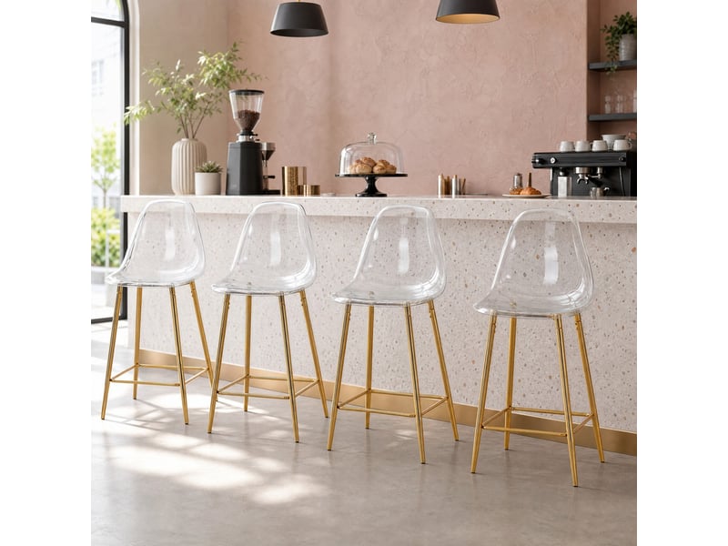  Tabouret de bar transparent avec repose-pieds et base métallique, design moderne en plastique doré  - Conforama B