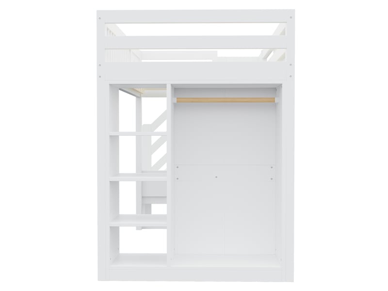 Lit mezzanine 90 × 200 cm, bureau, armoire, étagères, led, prises et escalier-rangement, bois massif et mdf, blanc - Conforama E