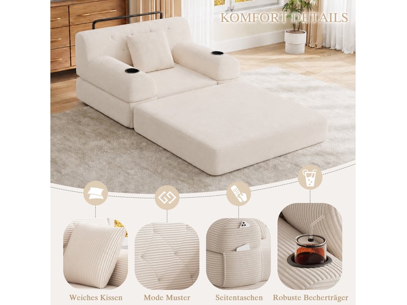  Fauteuil convertible 1 place en velours côtelé beige, 107x80x81 cm  - Conforama W