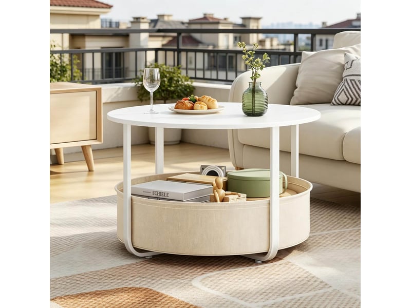  Table basse ronde avec panier de rangement, plateau facile à nettoyer, pour salon, ø 80 × 50 cm, en métal et toile, beige  - Conforama C