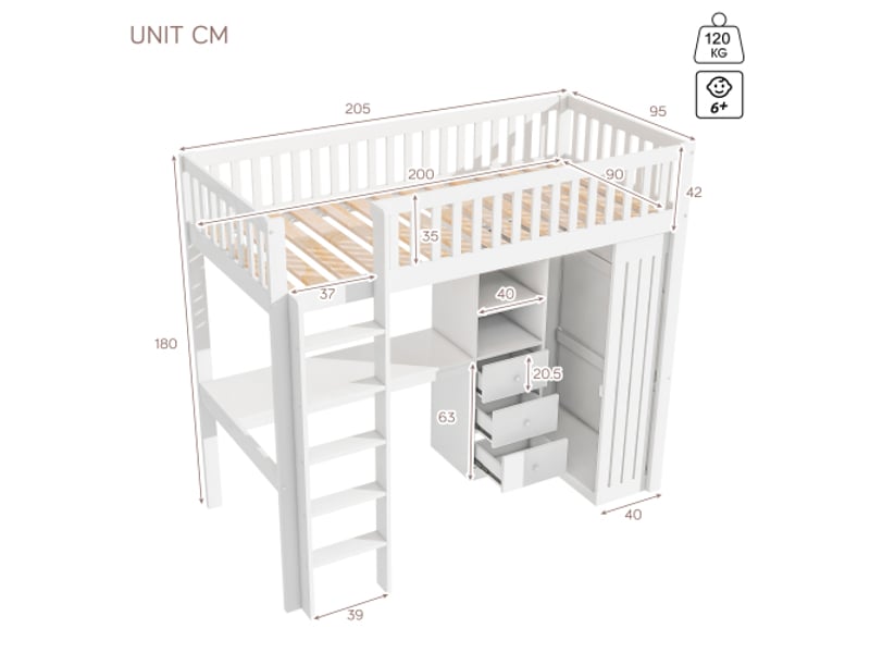  Lit mezzanine 90x200 cm coloris blanc pin lit enfant blanc - Conforama C
