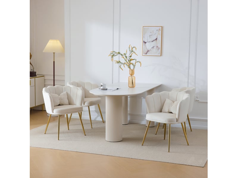  Chaise rembourrée à dossier pétale avec coussins de soutien et pieds métalliques dorés en velours beige  - Conforama B