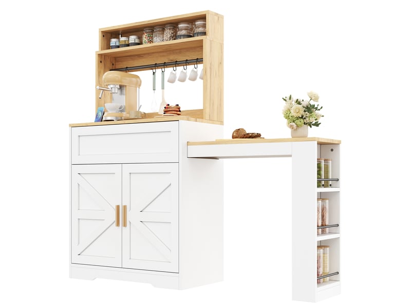  Buffet haut de cuisine 146x40x142 cm avec plan de travail extensible, étagère latérale 3 niveaux, étagères réglables, portes style grange, mdf blanc  - Conforama A