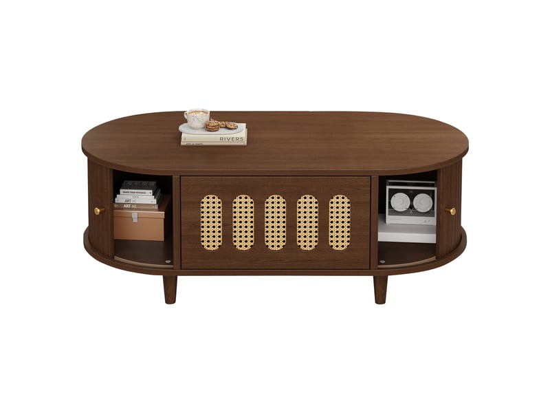  Table basse 100x50x40 cm, rangement avec 1 tiroir et 2 portes coulissantes, motif rotin, mdf, décor noyer  - Conforama A