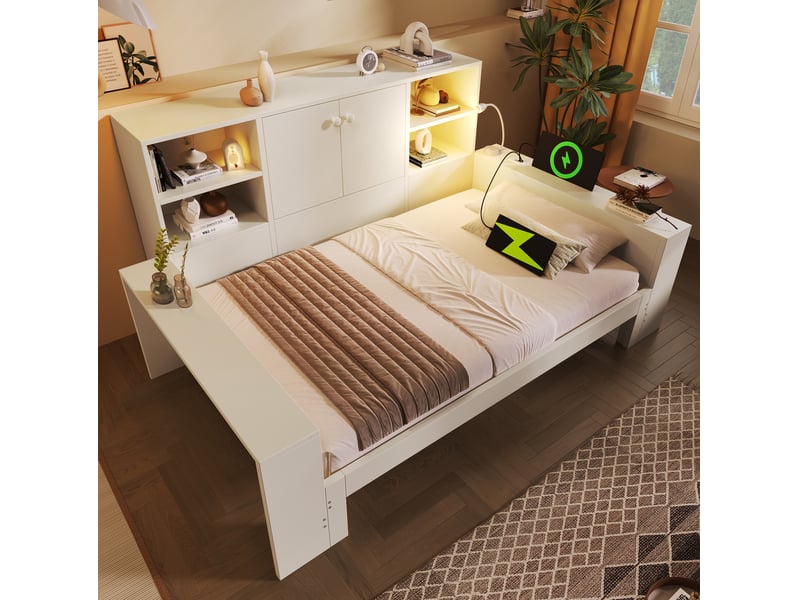  Modenvie lit gigogne 90x200 cm - avec rangement intégré, ports usb et usb-c, sans matelas - blanc  - Conforama B