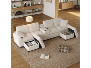 Canapé en u beige en velours côtelé avec coffre intégré, 2 poufs et table basse, 315x135x81 cm