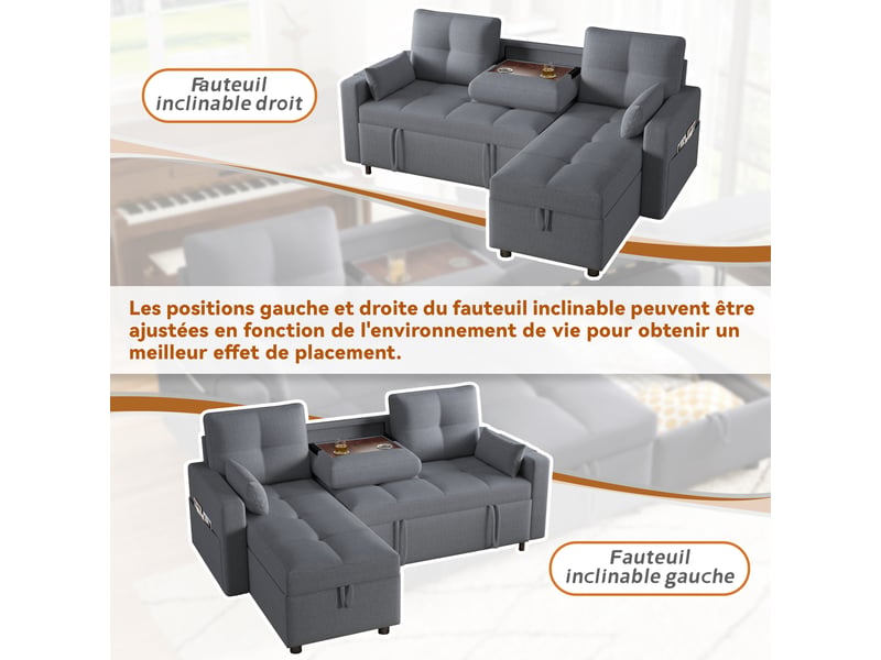 Canapé d'angle convertible 3 places en tissu effet lin, méridienne réversible, rangement, 211×136×87 cm - Conforama D