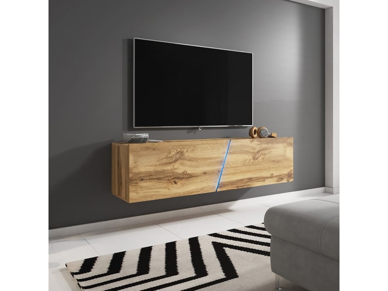 Meuble tv suspendu 160cm design minimaliste moderne lumière led regat - bois neutre Slant - Conforama B