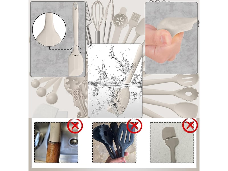 Set d’ustensiles de cuisine,meulva,37x15x15 cm,43 pièces,silicone,coloris kaki - Conforama E