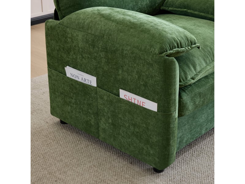  Fauteuil chenille vert foncé rétro avec double poche de rangement, structure bois et ressorts, dimensions 96x92x90 cm  - Conforama W