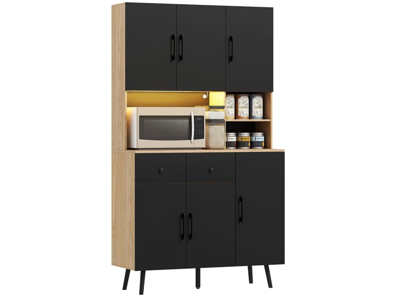  Buffet cuisine meuble cuisine rangement haut avec lumière led rgb plan de travail 6 portes 2 tiroirs 100x40x176cm noir  - Conforama A