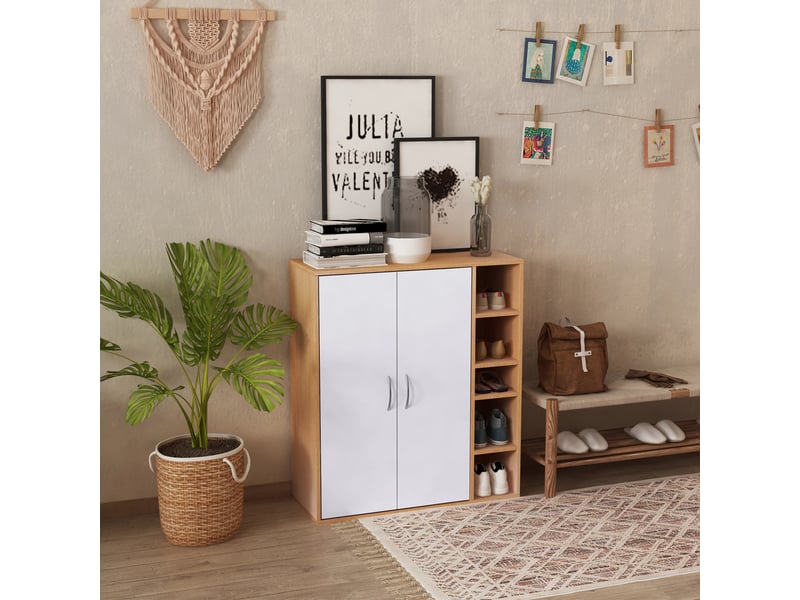  Étagère à chaussures murale mince, meuble multifonctionnel avec 2 portes et étagères réglables pour chambre et entrée, en bois, 80 x 32 x 91 cm  - Conforama B