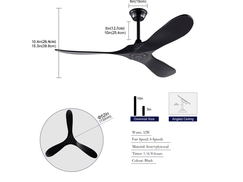  Ventilateur de plafond 132x132 cm, 3 pales en bois, sans éclairage, télécommande, noir  - Conforama E