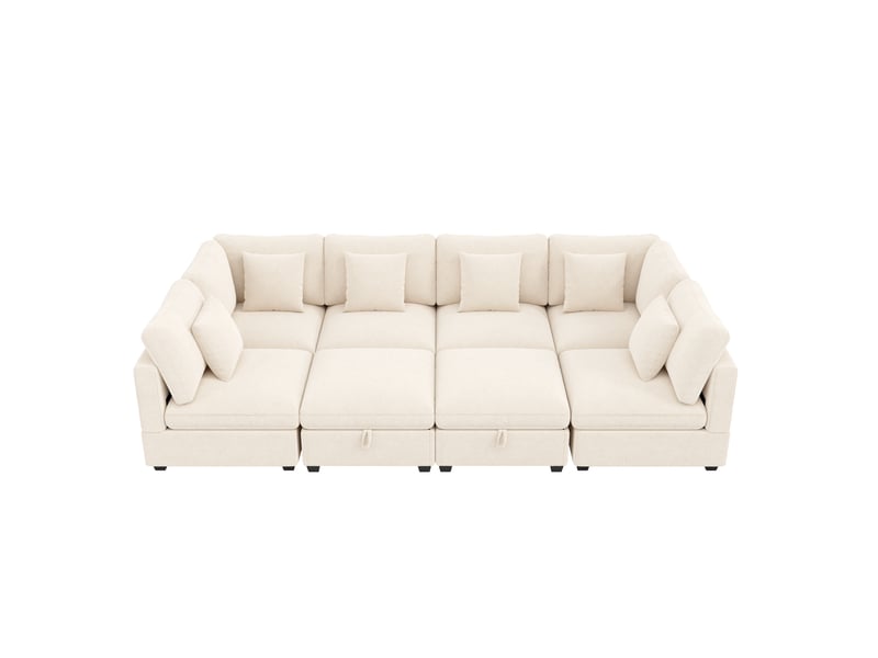 Canapé panoramique en u convertible 8-9 places avec rangement, poches latérales et 6 coussins, chenille beige - Conforama A