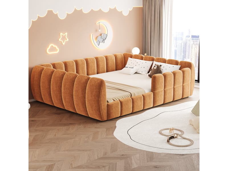 Lit enfant au sol 140x200 cm lit rembourré avec cadre fermé, coins arrondis, chambre enfant, tissu velours, orange OPULERANE TRADING LTD - Conforama B