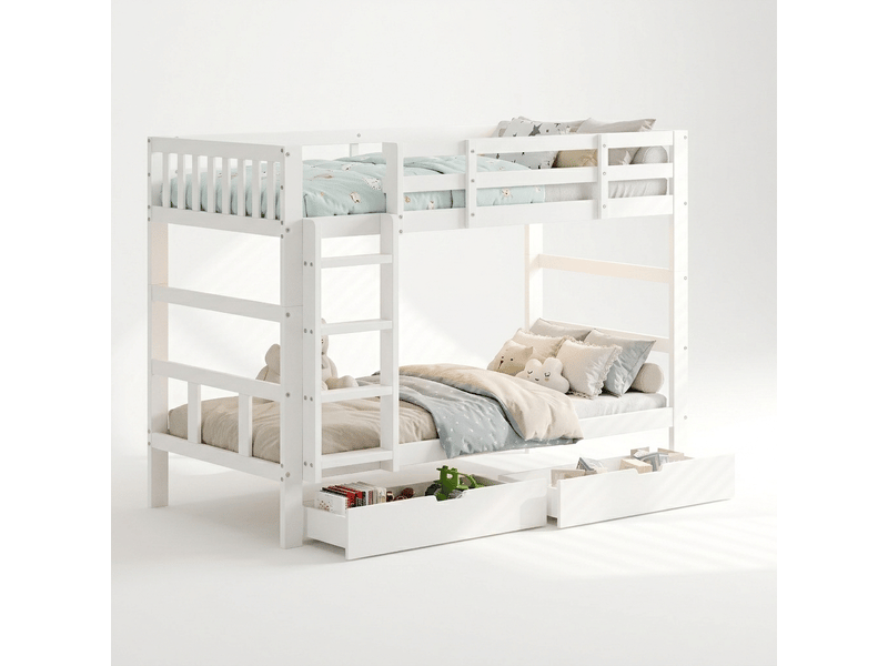 Lit superposé 90 x 200 cm séparable en 2 lits simples - 2 tiroirs de rangement sur roulettes - échelle latérale fixe - 2 sommiers à lattes inclus - modèle modulable 2 en 1 - cadre de lit enfant pour chambre d'enfant ou d'ado mod… - Conforama A