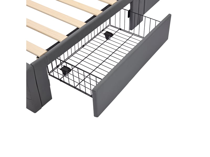 Lit capitonné 90x190 cm gris avec port usb, led et quatre tiroirs de rangement  - Conforama E