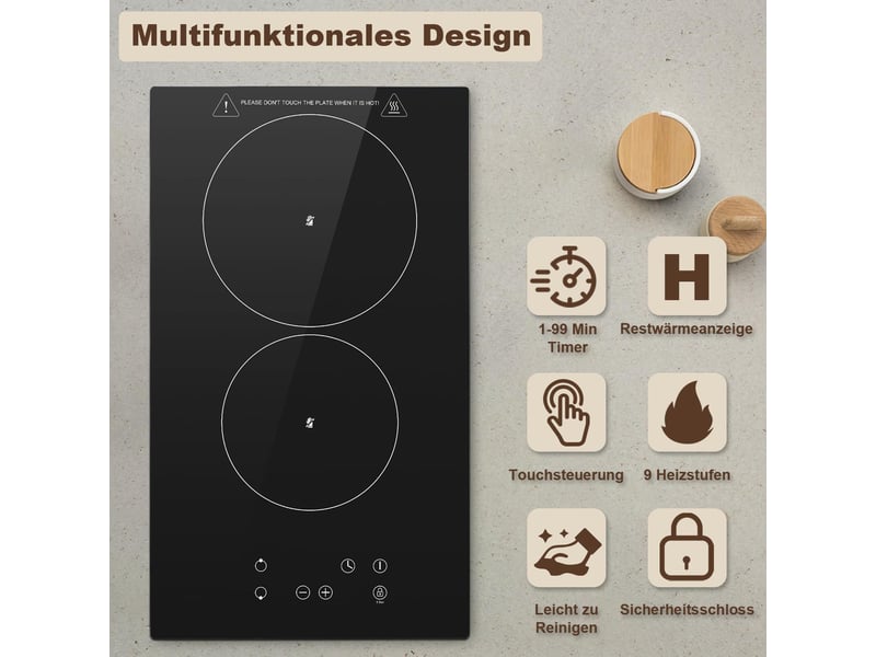 Plaque vitrocéramique 2 foyers 3000 w, plaque de cuisson encastrable 30 cm, commande tactile, 9 niveaux et minuteur 99 min - Conforama E
