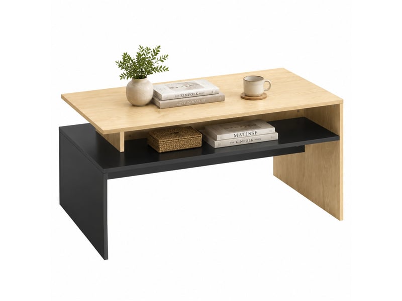  Table basse 95x55x50 cm en mdf avec étagère noir et bois naturel chicfurn  - Conforama A