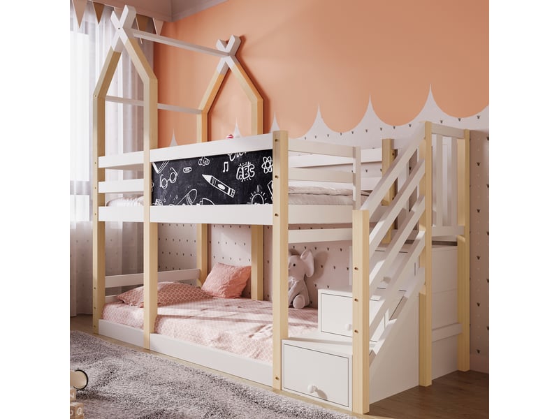  Lit cabane lit simple avec escalier de rangement, tableau et barrière, 200x90 cm, sans matelas, blanc  - Conforama C